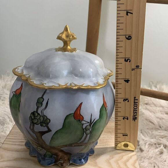 Vintage M.Z. Austria Hand Painted Bird Scene Covered Jar - Picture 15 of 17